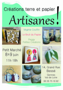 Petit marché les 8 & 9 juin, de 11h à 18h, à Bessé (Gennes-Val-de-Loire). Avec Virginie Couffin (céramique), Le Bruit du Papier (papeterie) et Peggy – Petites Créations (bijoux en céramique). Visuels de carnets illustrés, céramiques et boucles d’oreilles.