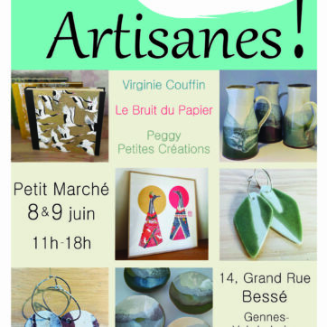 Petit marché les 8 & 9 juin, de 11h à 18h, à Bessé (Gennes-Val-de-Loire). Avec Virginie Couffin (céramique), Le Bruit du Papier (papeterie) et Peggy – Petites Créations (bijoux en céramique). Visuels de carnets illustrés, céramiques et boucles d’oreilles.