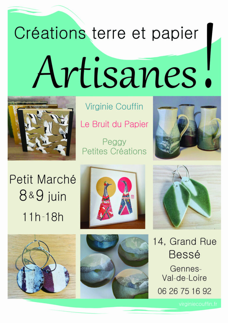 Petit marché les 8 & 9 juin, de 11h à 18h, à Bessé (Gennes-Val-de-Loire). Avec Virginie Couffin (céramique), Le Bruit du Papier (papeterie) et Peggy – Petites Créations (bijoux en céramique). Visuels de carnets illustrés, céramiques et boucles d’oreilles.